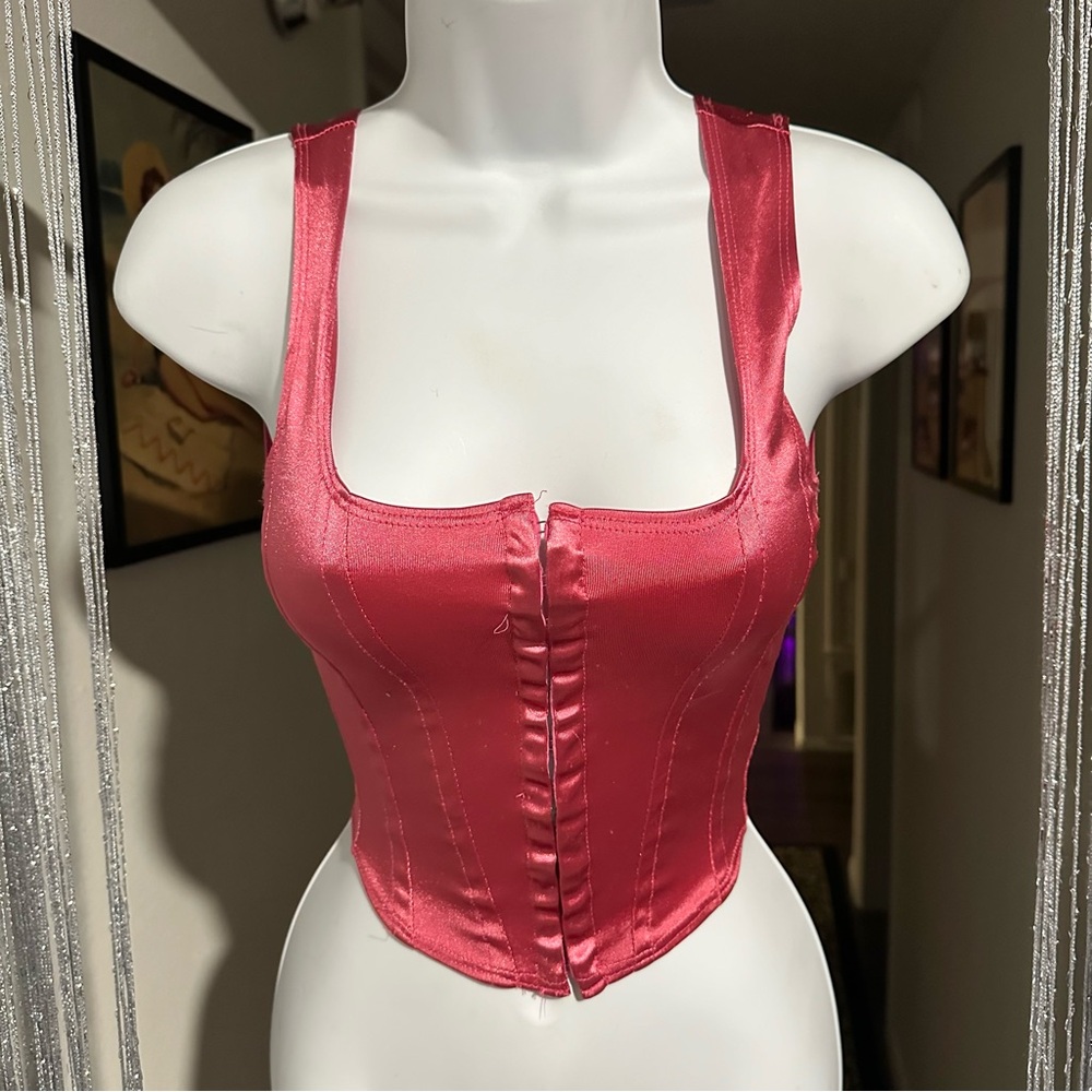 satin pink front lace up corset